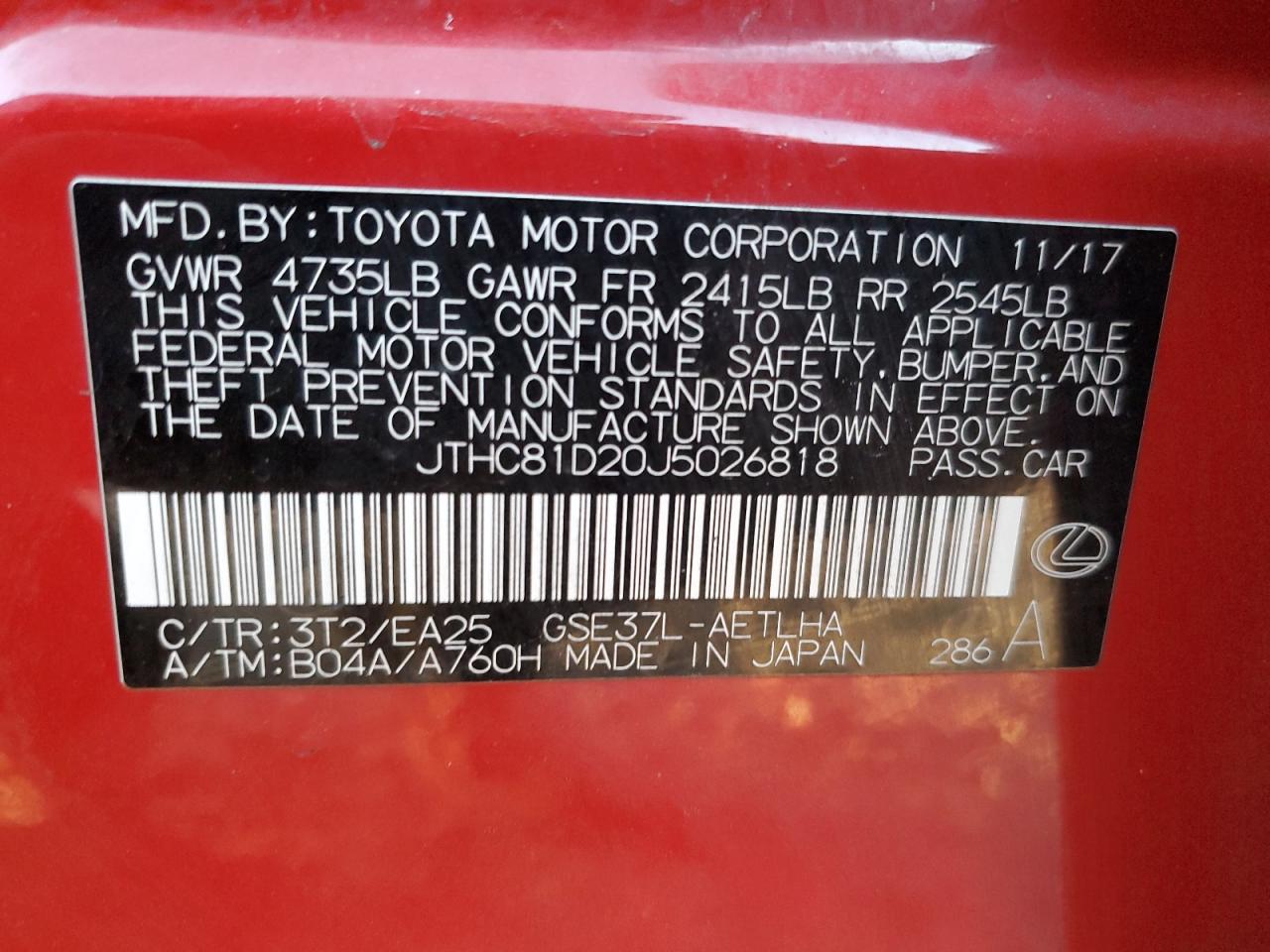 2018 Lexus Is 300 VIN: JTHC81D20J5026818 Lot: 89804845