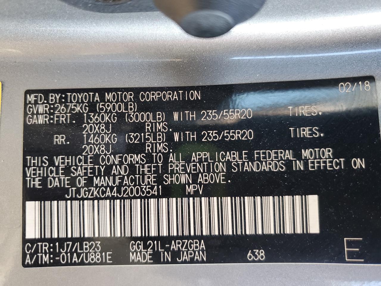 2018 Lexus Rx 350 L VIN: JTJGZKCA4J2003541 Lot: 90134085