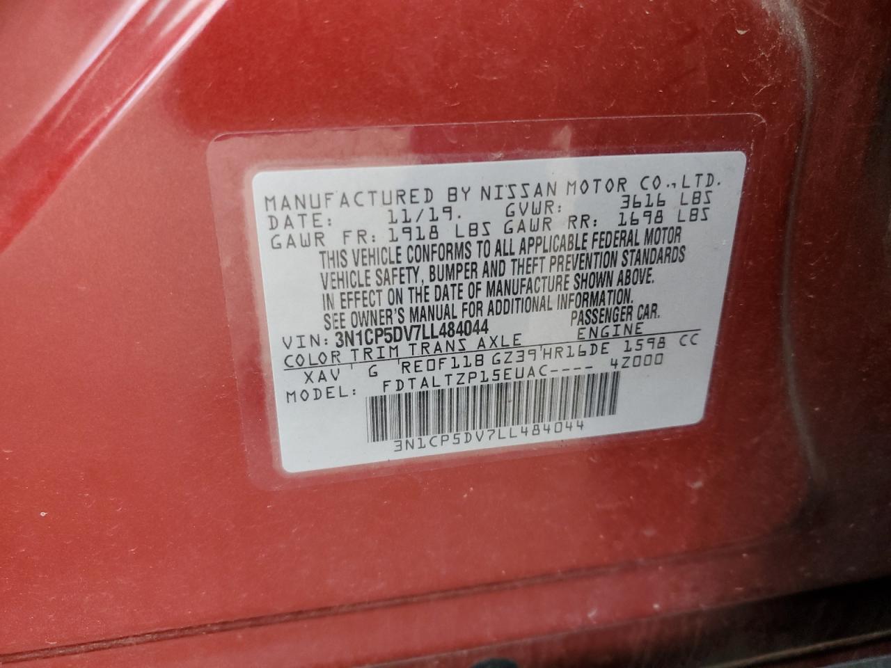 2020 Nissan Kicks Sr VIN: 3N1CP5DV7LL484044 Lot: 84903095