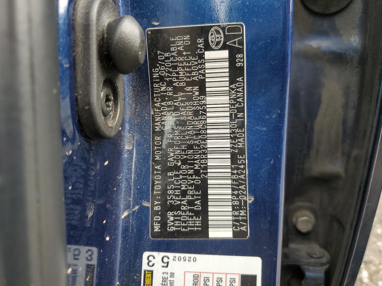 2008 Toyota Corolla Ce VIN: 2T1BR32E08C867599 Lot: 85831345