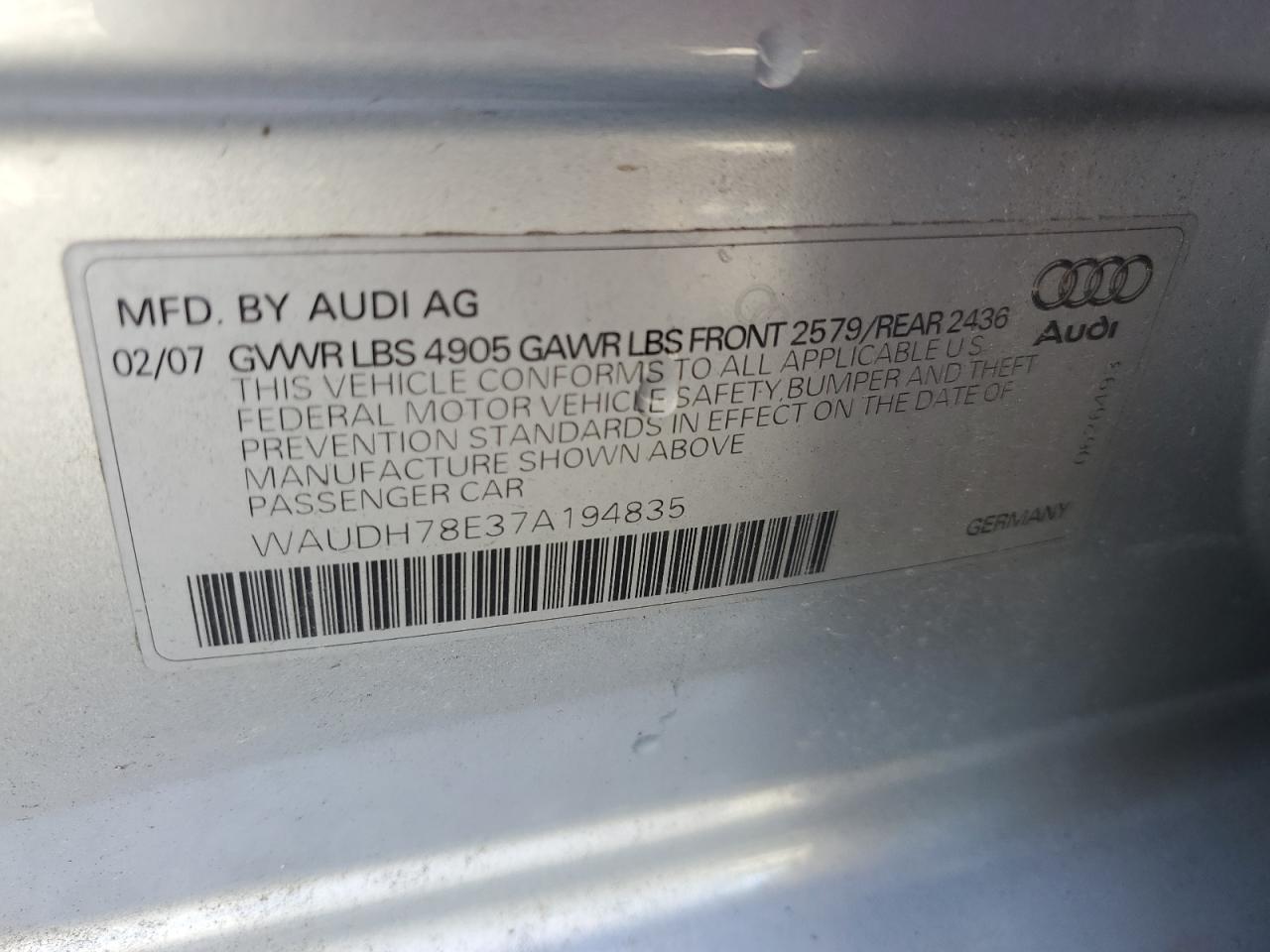 2007 Audi A4 3.2 Quattro VIN: WAUDH78E37A194835 Lot: 84860865