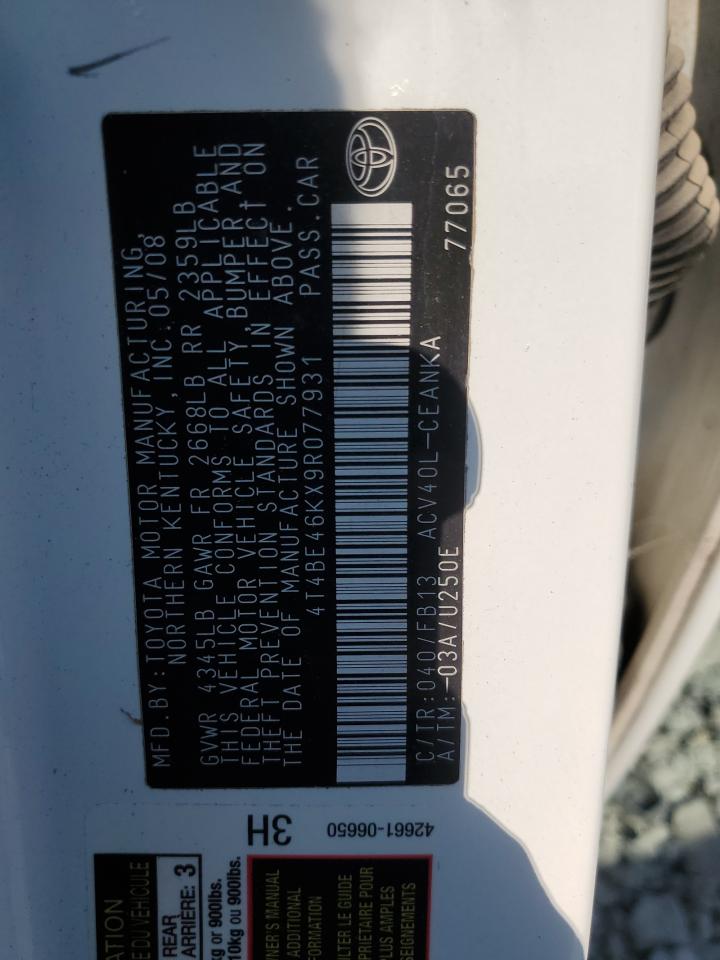 2009 Toyota Camry Base VIN: 4T4BE46KX9R077931 Lot: 84940995