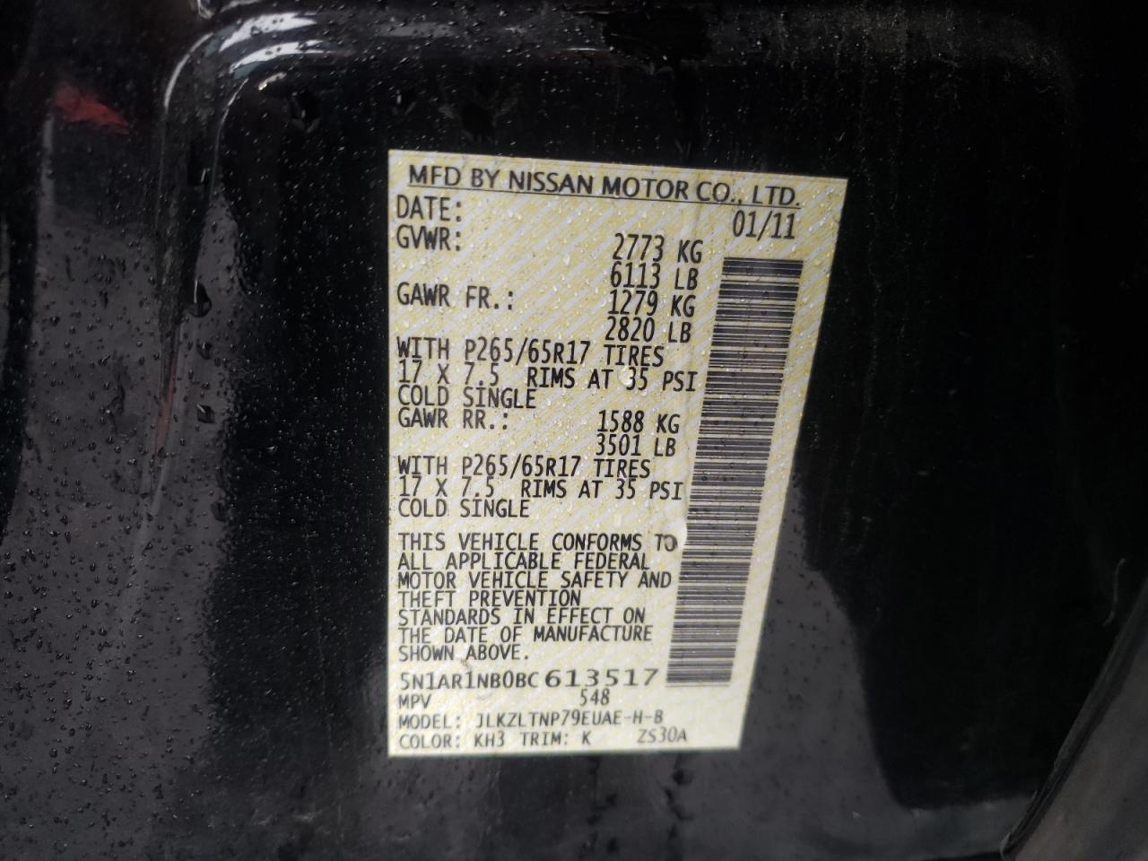 2011 Nissan Pathfinder S VIN: 5N1AR1NB0BC613517 Lot: 85341775