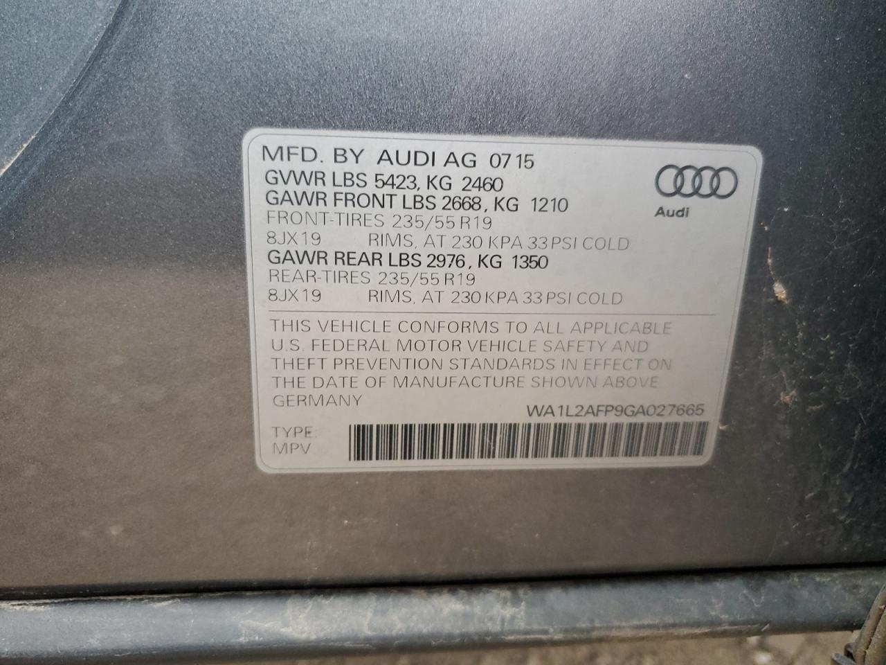 2016 Audi Q5 Premium Plus VIN: WA1L2AFP9GA027665 Lot: 86079935