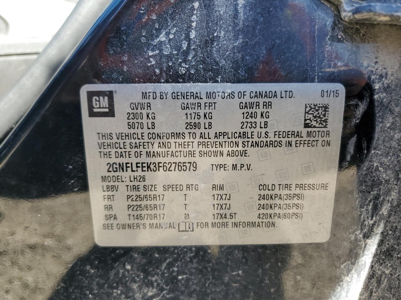 2015 Chevrolet Equinox Lt VIN: 2GNFLFEK3F6276579 Lot: 85546445