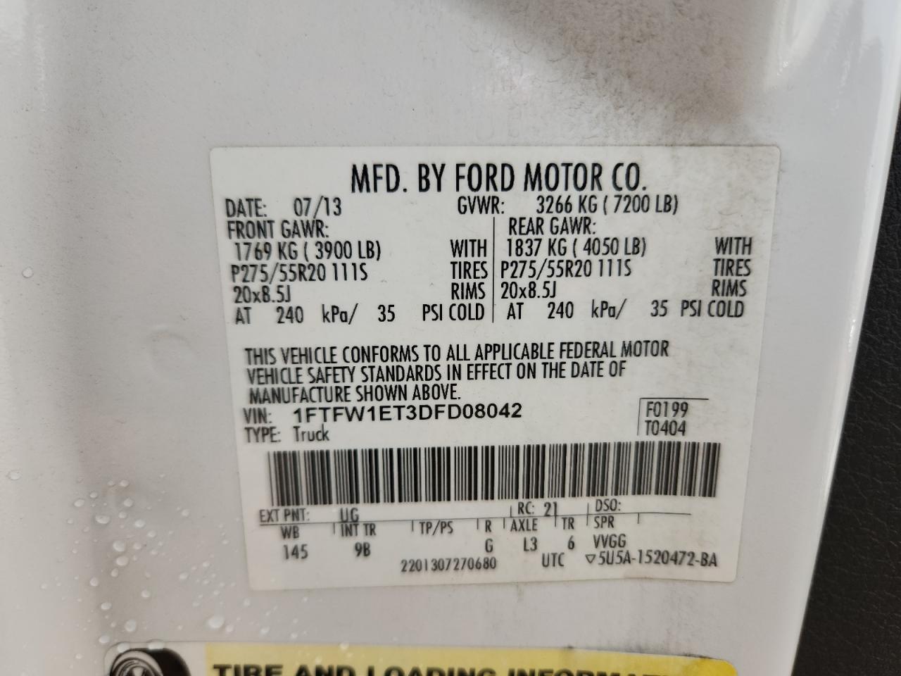 2013 Ford F150 Supercrew VIN: 1FTFW1ET3DFD08042 Lot: 87279005