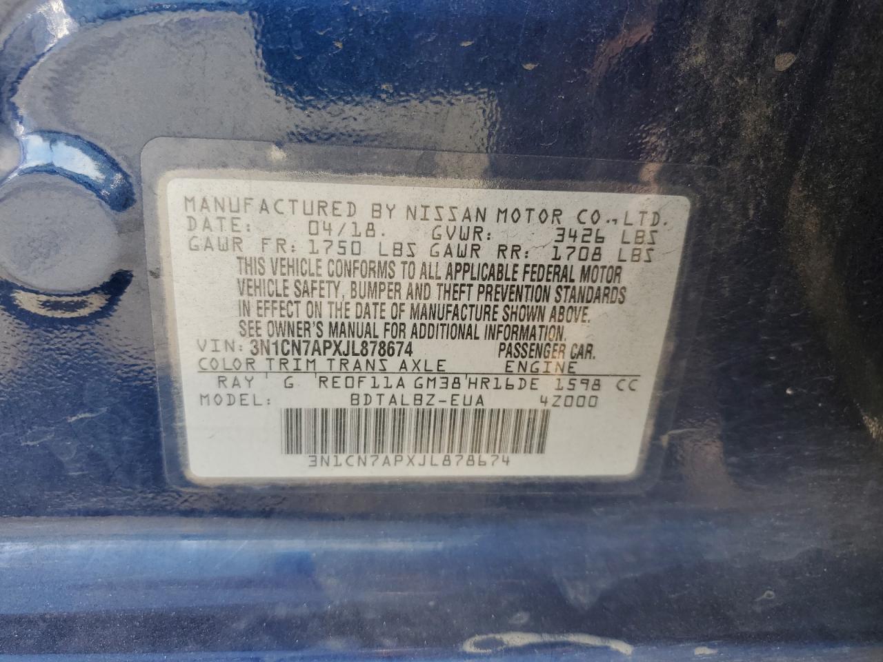 2018 Nissan Versa S VIN: 3N1CN7APXJL878674 Lot: 82210045