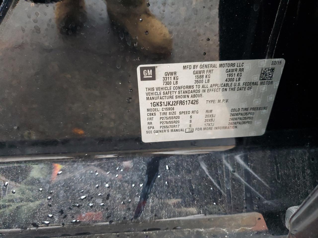 2015 GMC Yukon Xl Denali VIN: 1GKS1JKJ2FR617426 Lot: 90029735