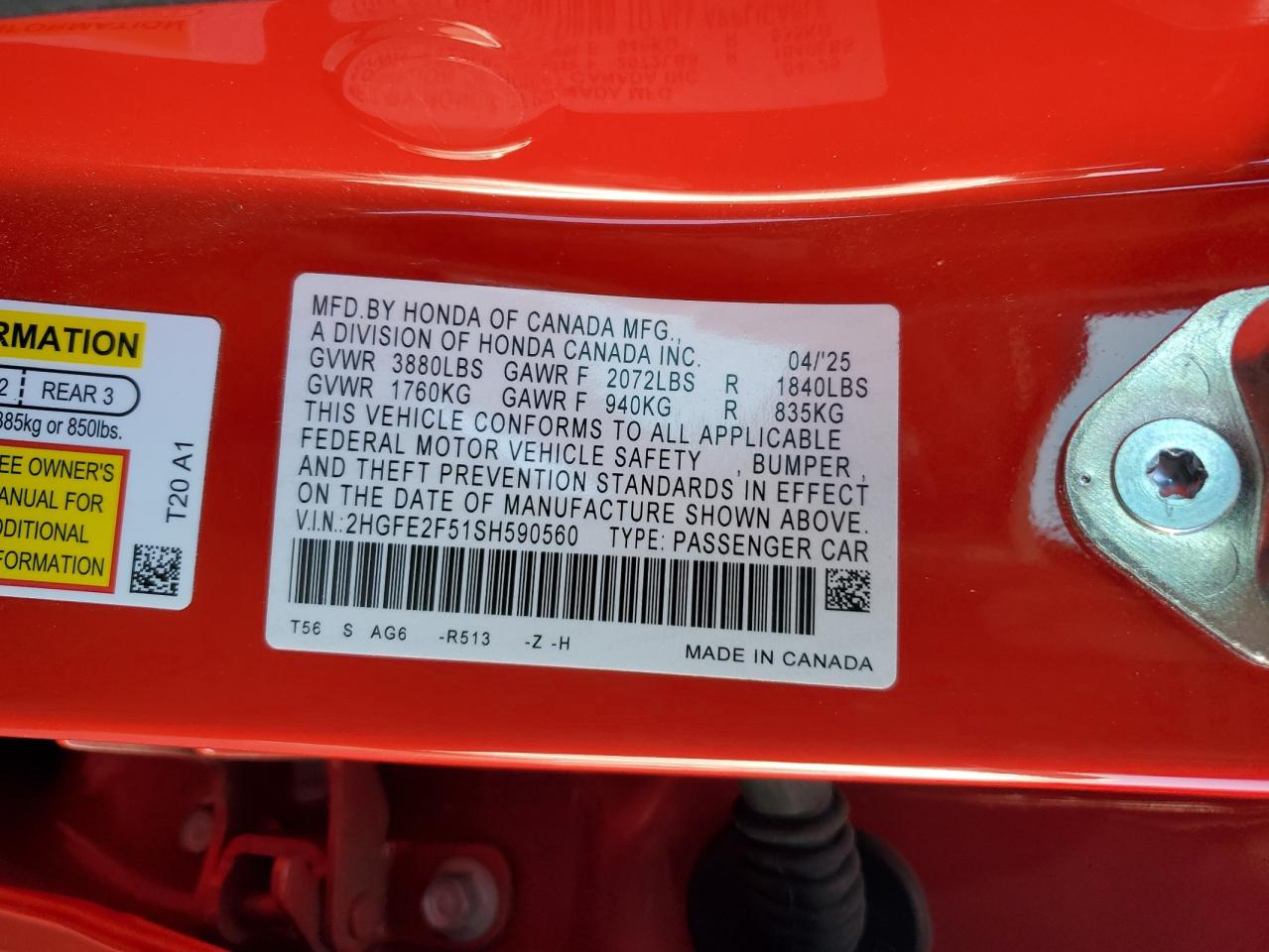 2025 Honda Civic Sport VIN: 2HGFE2F51SH590560 Lot: 90606475