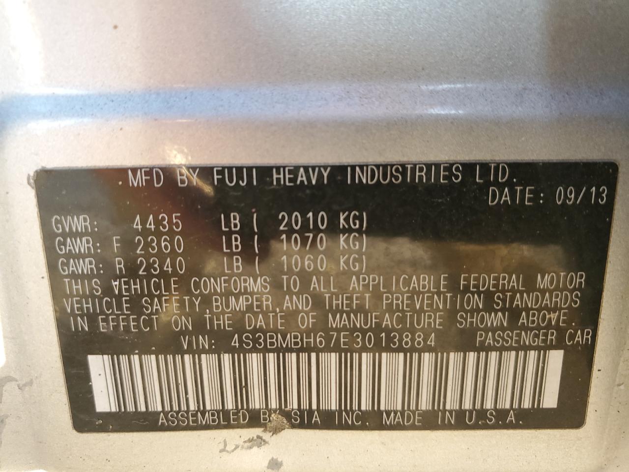 2014 Subaru Legacy 2.5I Sport VIN: 4S3BMBH67E3013884 Lot: 90083555