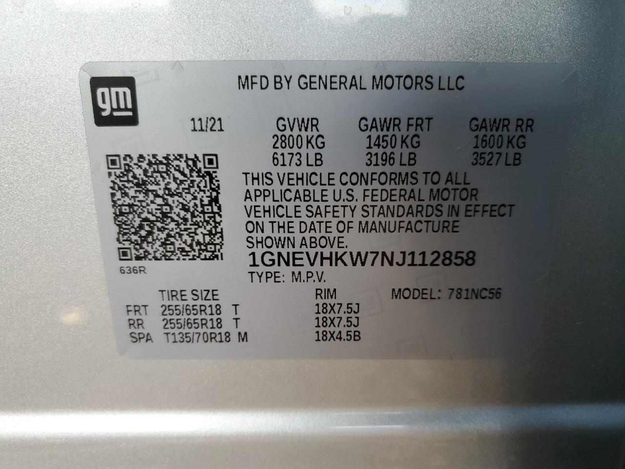 2022 Chevrolet Traverse Lt VIN: 1GNEVHKW7NJ112858 Lot: 85765815