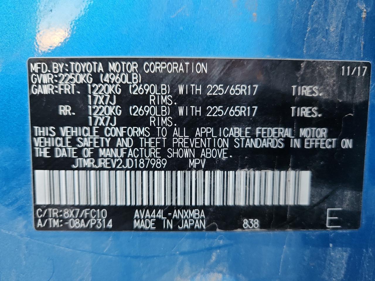 2018 Toyota Rav4 Hv Le VIN: JTMRJREV2JD187989 Lot: 85352155