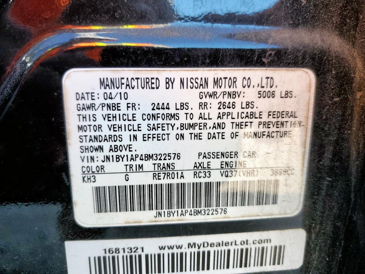 2011 Infiniti M37 VIN: JN1BY1AP4BM322576 Lot: 90772215