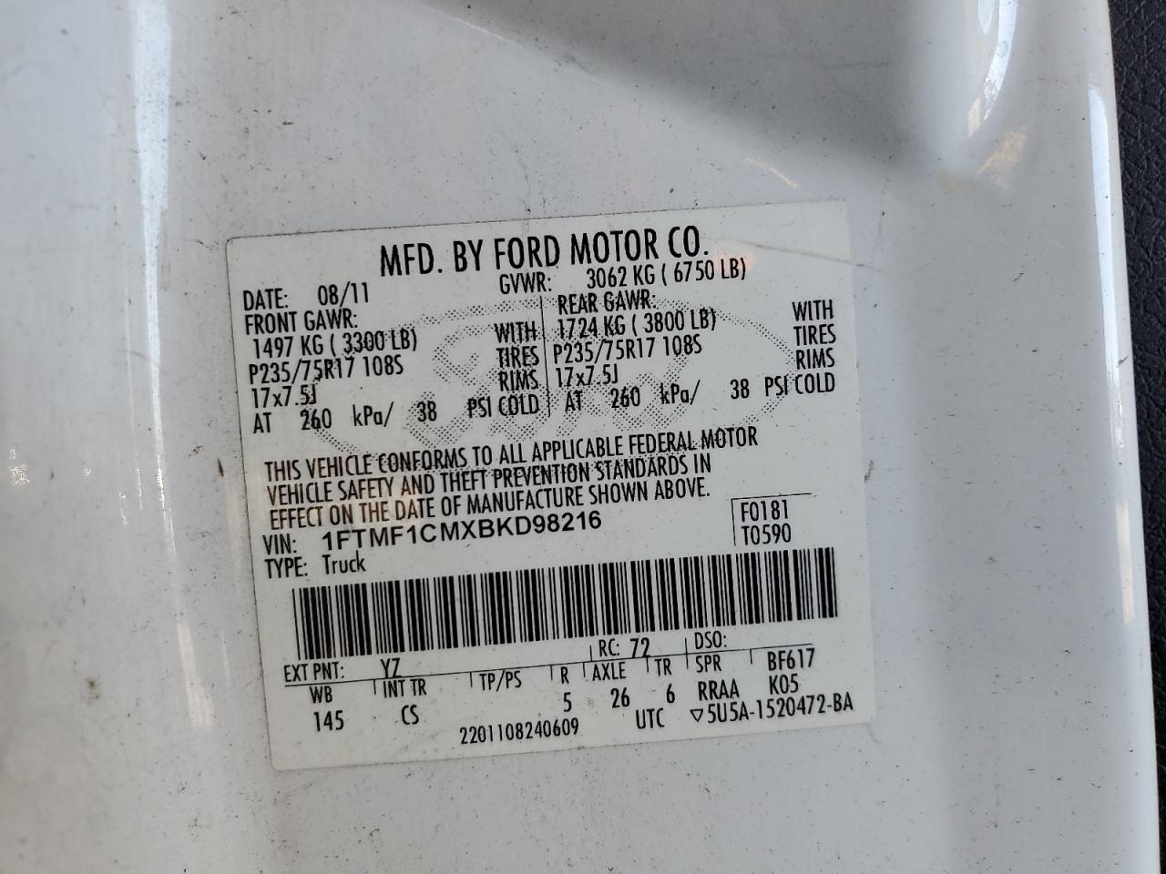 2011 Ford F150 VIN: 1FTMF1CMXBKD98216 Lot: 82311385