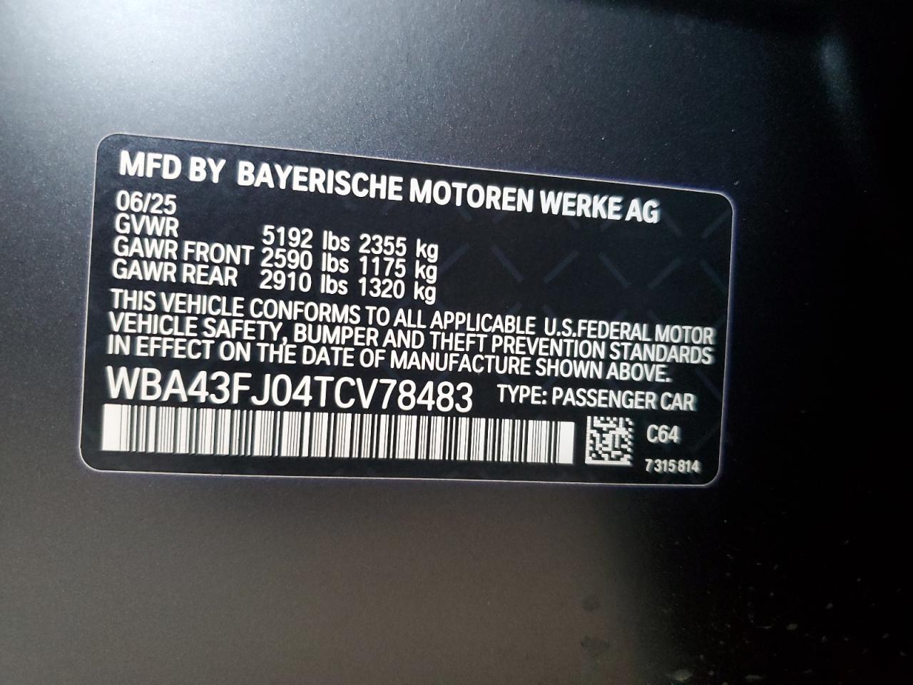 2026 BMW 530 I VIN: WBA43FJ04TCV78483 Lot: 89623325