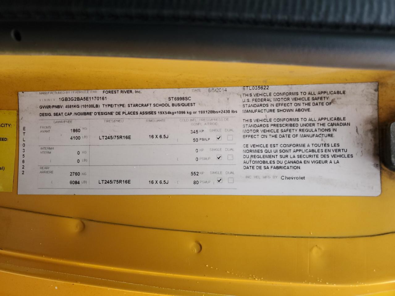 2014 Thomas Minotour G3500 - School Bus VIN: 1GB3G2BA5E1170161 Lot: 86340145