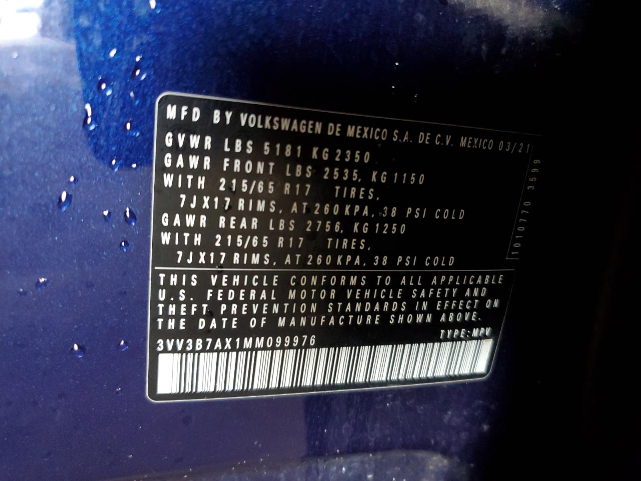 2021 Volkswagen Tiguan Se VIN: 3VV3B7AX1MM099976 Lot: 85570105