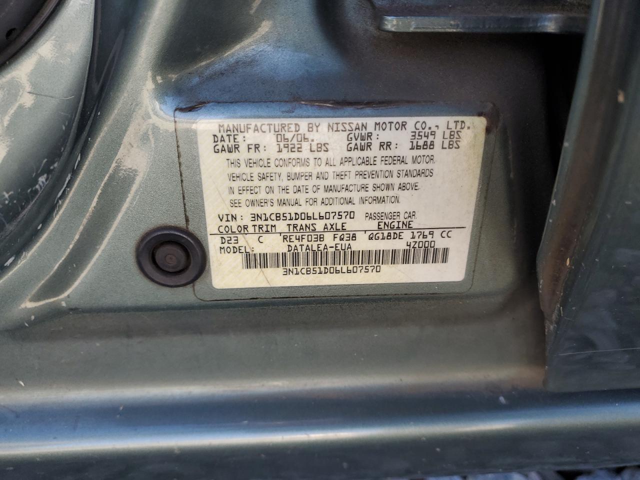 2006 Nissan Sentra 1.8 VIN: 3N1CB51D06L607570 Lot: 82185135