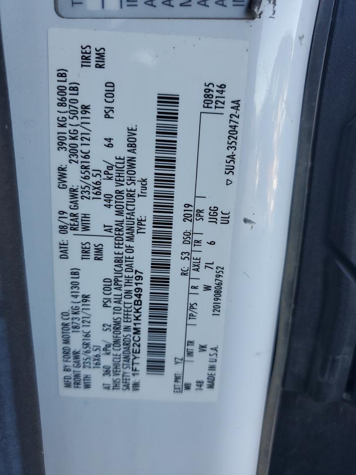 2019 Ford Transit T-150 VIN: 1FTYE2CM1KKB49197 Lot: 91171455