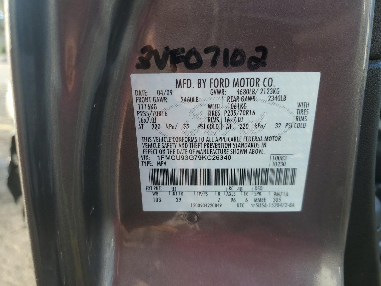 2009 Ford Escape Xlt VIN: 1FMCU93G79KC26340 Lot: 86276955