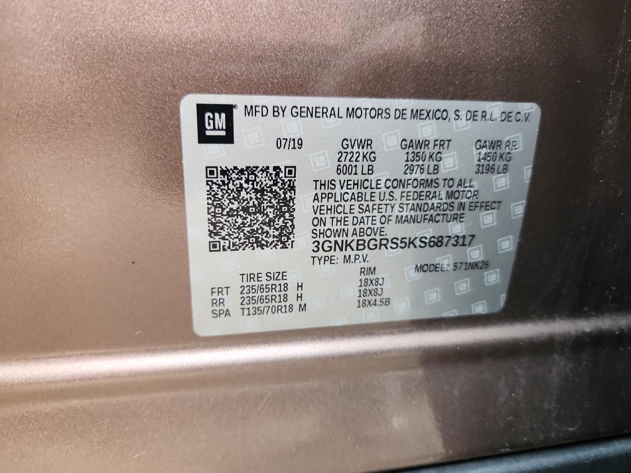 2019 Chevrolet Blazer 2Lt VIN: 3GNKBGRS5KS687317 Lot: 84704595