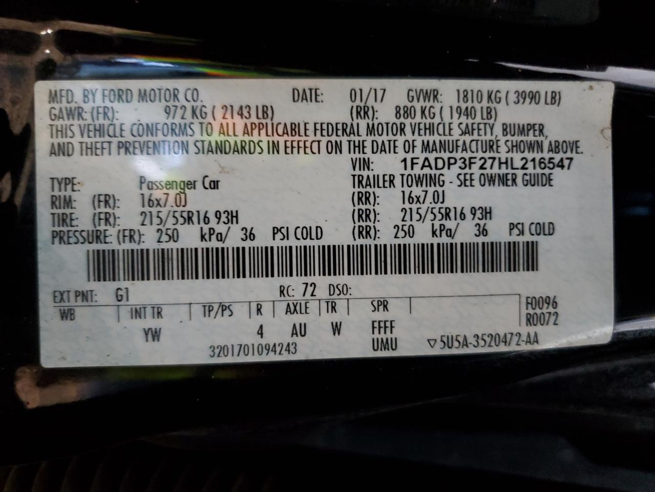 2017 Ford Focus Se VIN: 1FADP3F27HL216547 Lot: 85942855