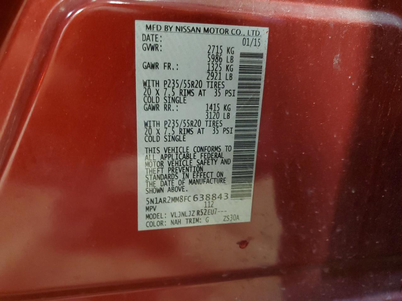 2015 Nissan Pathfinder S VIN: 5N1AR2MM8FC638843 Lot: 85335735