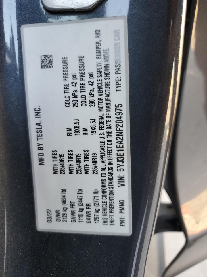 2022 Tesla Model 3 VIN: 5YJ3E1EA2NF204975 Lot: 85594705