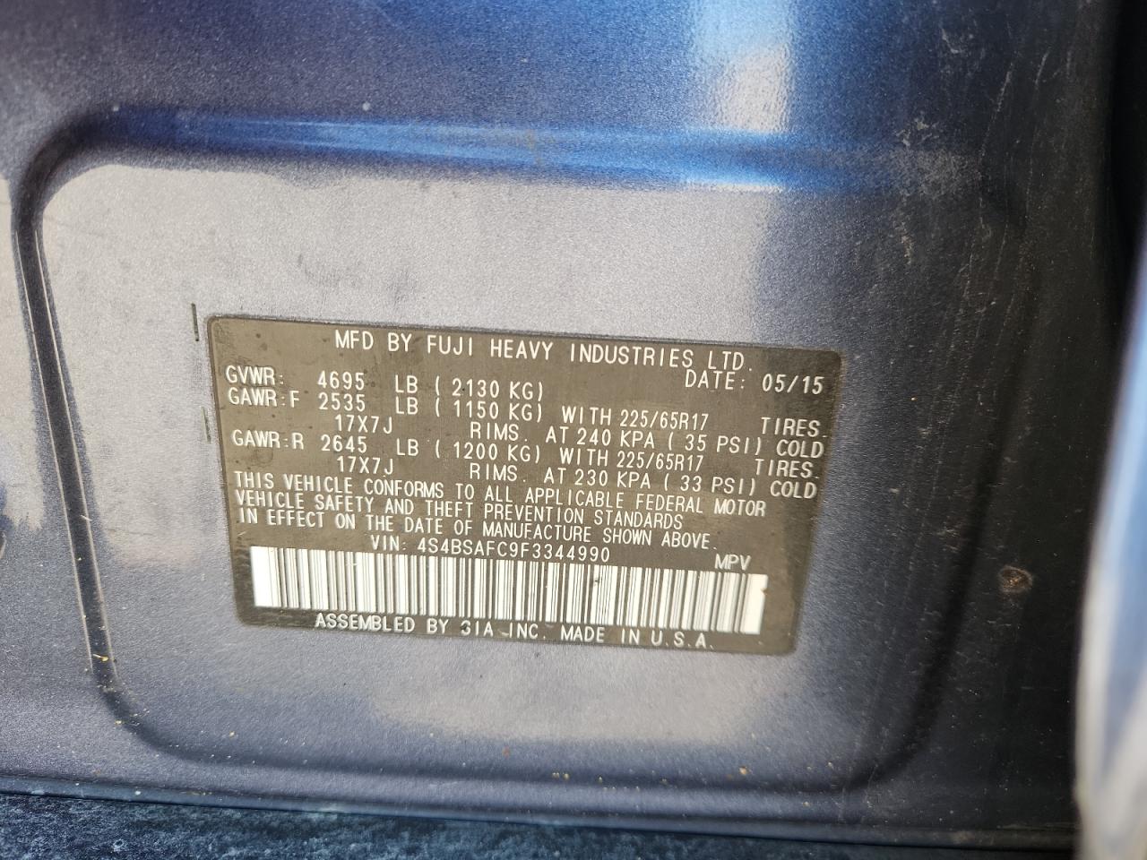 2015 Subaru Outback 2.5I Premium VIN: 4S4BSAFC9F3344990 Lot: 85528705