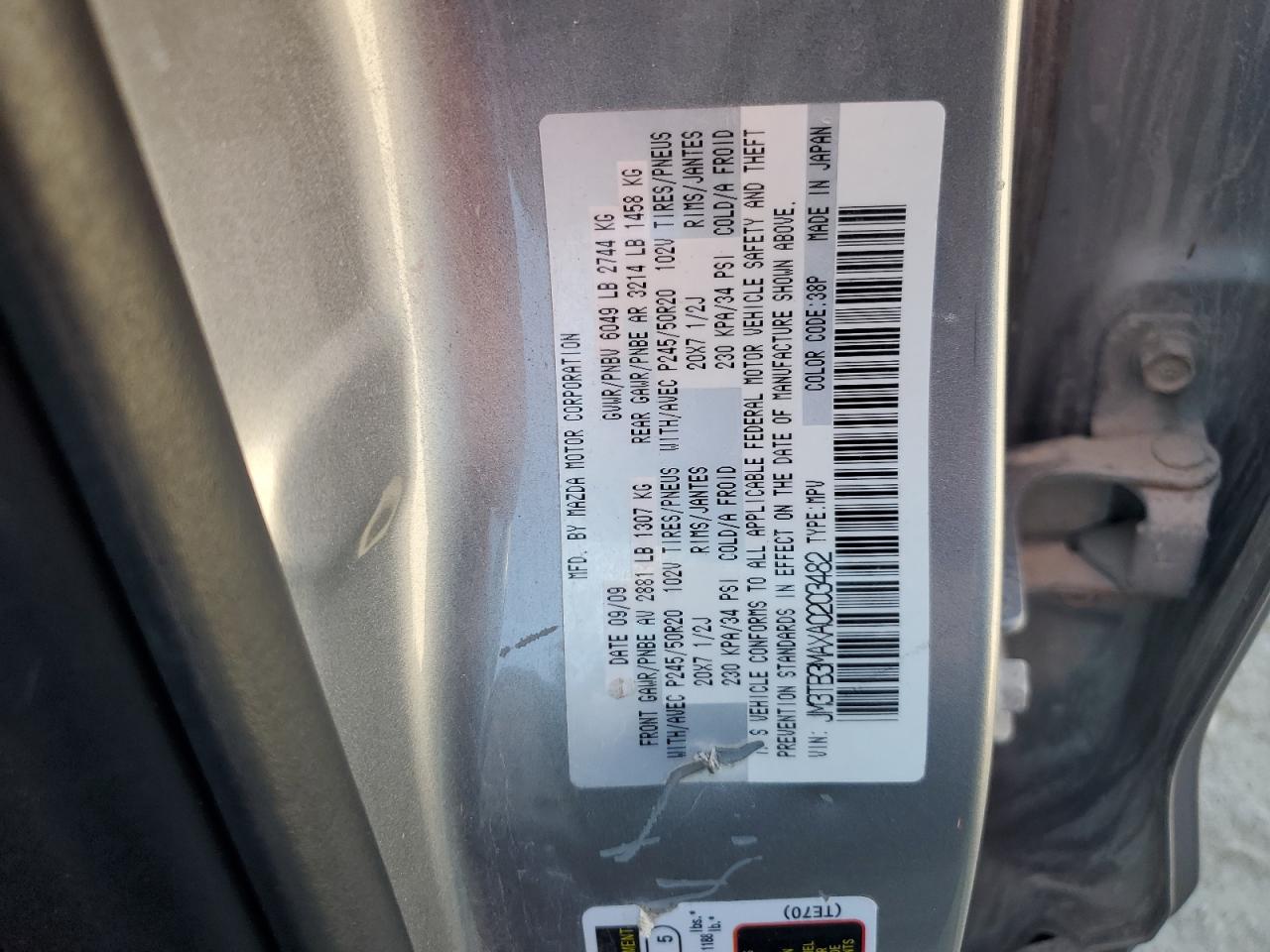 2010 Mazda Cx-9 VIN: JM3TB3MAXA0203482 Lot: 86180325