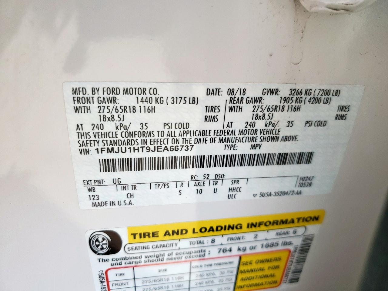 2018 Ford Expedition Xlt VIN: 1FMJU1HT9JEA66737 Lot: 84254775