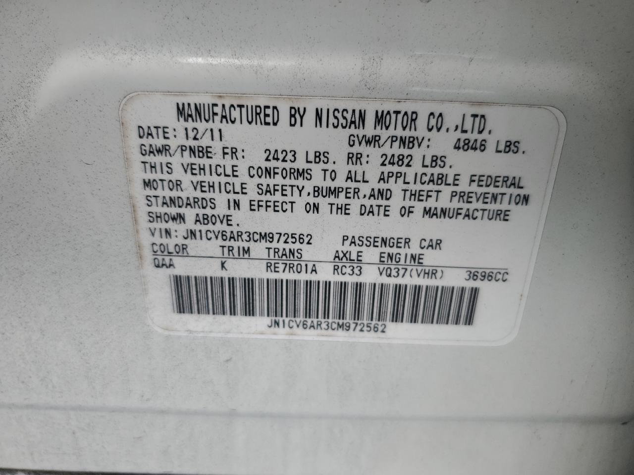 2012 Infiniti G37 VIN: JN1CV6AR3CM972562 Lot: 84813825