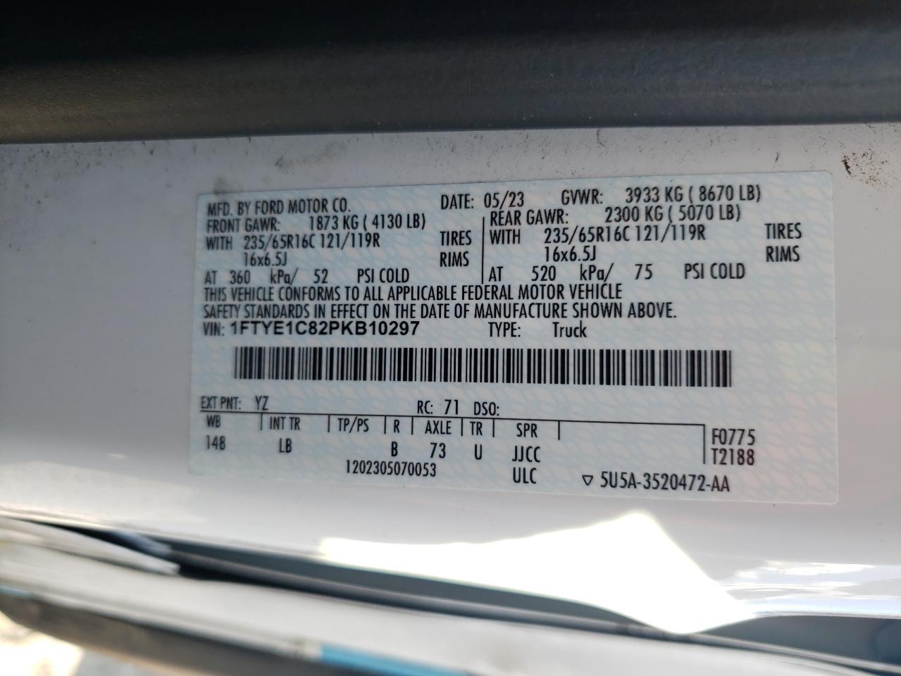 2023 Ford Transit T-150 VIN: 1FTYE1C82PKB10297 Lot: 81804175