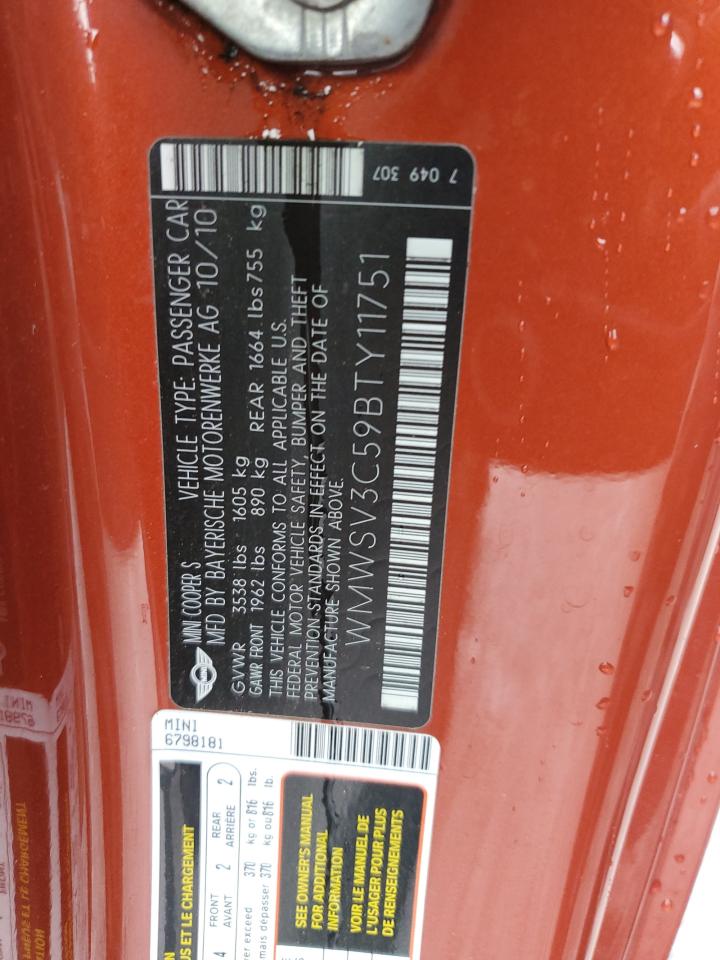 2011 Mini Cooper S VIN: WMWSV3C59BTY11751 Lot: 84928125