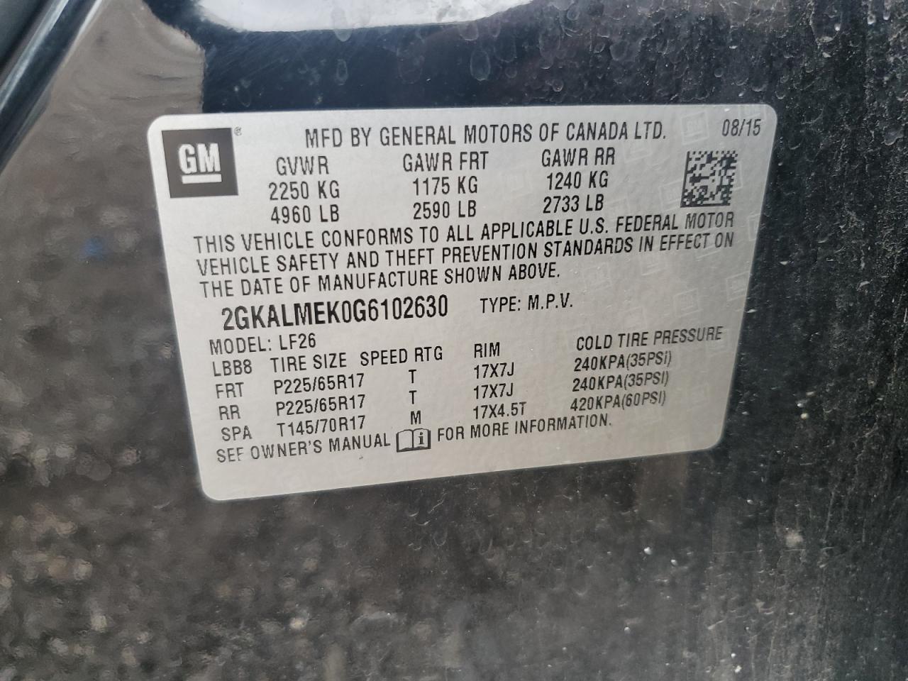 2016 GMC Terrain Sle VIN: 2GKALMEK0G6102630 Lot: 86158225