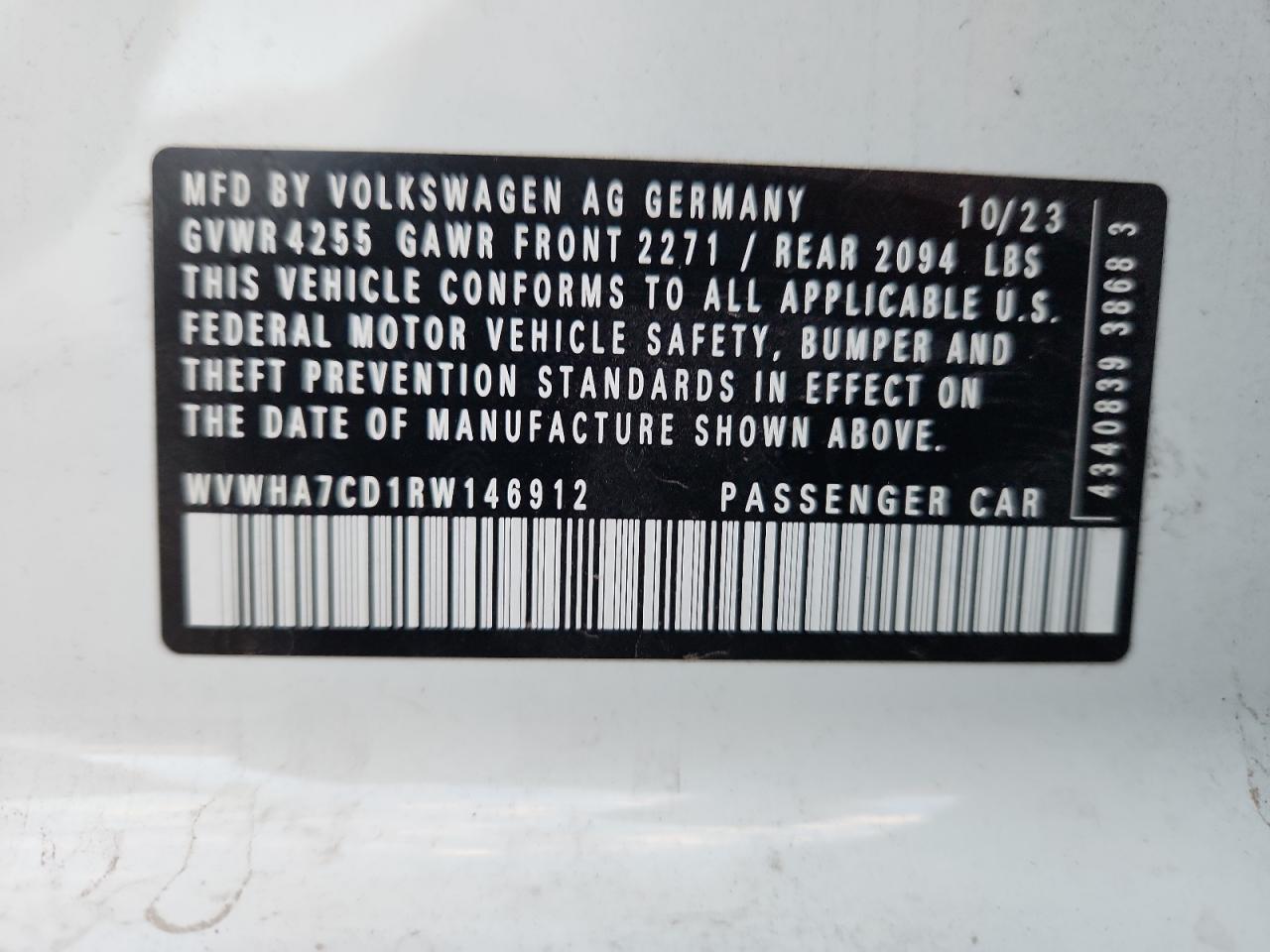 2024 Volkswagen Gti S VIN: WVWHA7CD1RW146912 Lot: 84628975