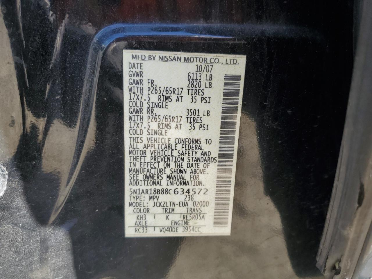 2008 Nissan Pathfinder VIN: 5N1AR18B88C634572 Lot: 82356925