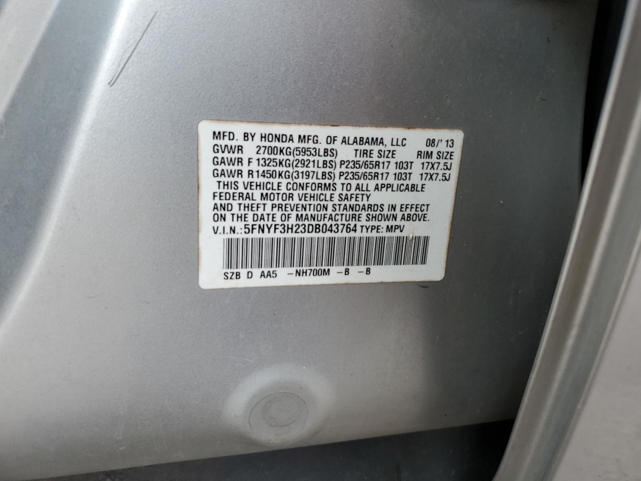 2013 Honda Pilot Lx VIN: 5FNYF3H23DB043764 Lot: 89649445