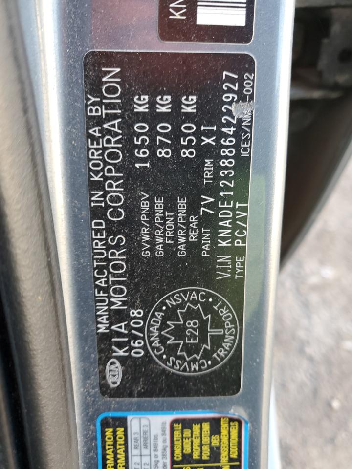 2008 Kia Rio Base VIN: KNADE123886422927 Lot: 89620045