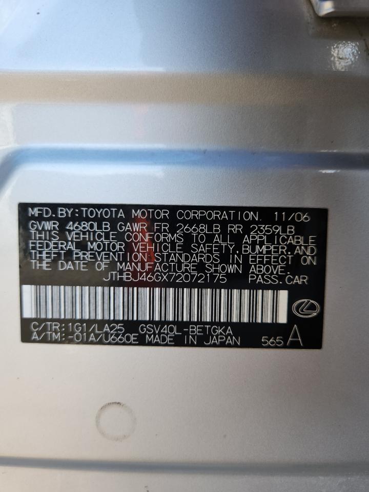 2007 Lexus Es 350 VIN: JTHBJ46GX72072175 Lot: 86710375