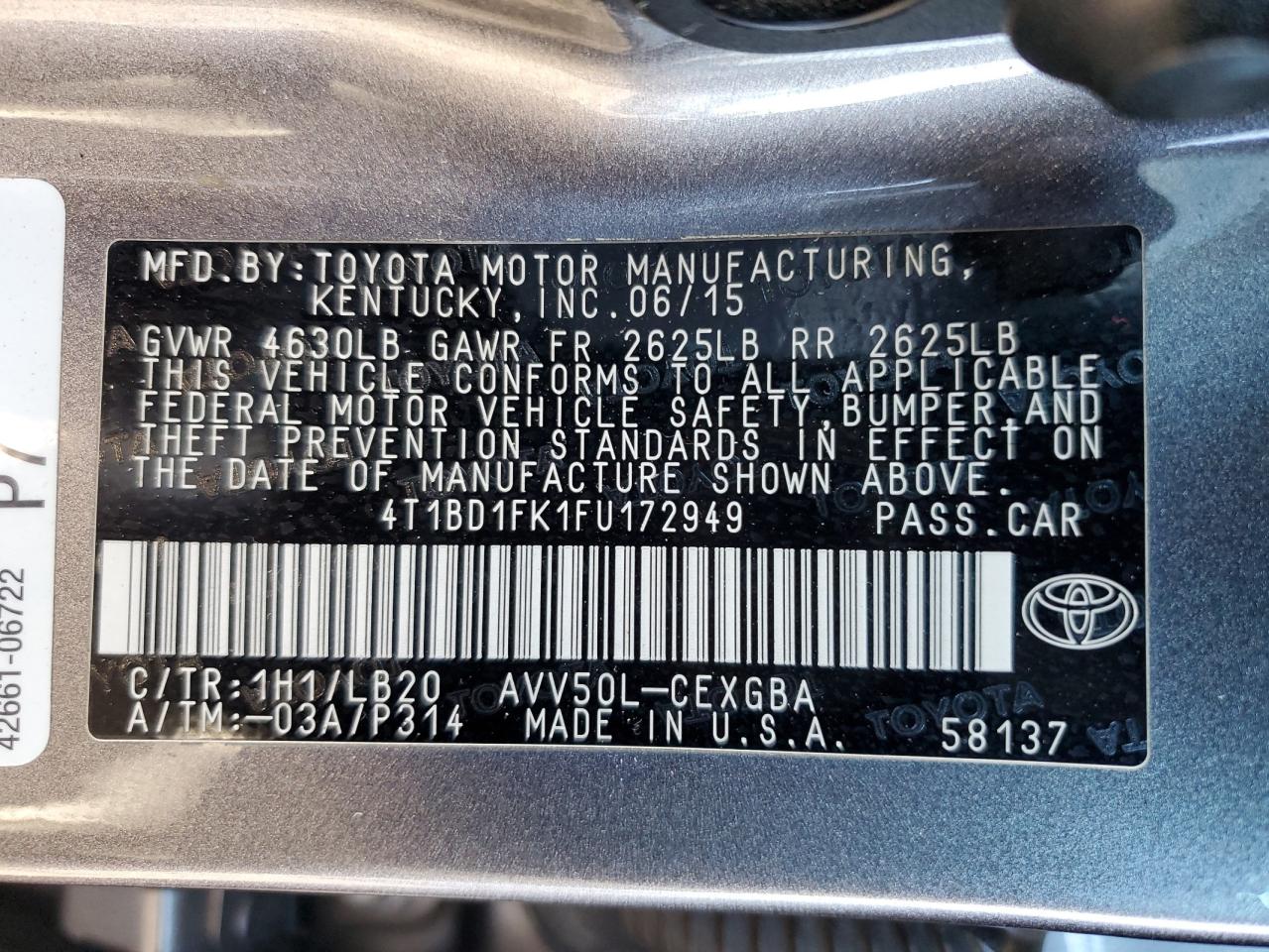 2015 Toyota Camry Hybrid VIN: 4T1BD1FK1FU172949 Lot: 85875065