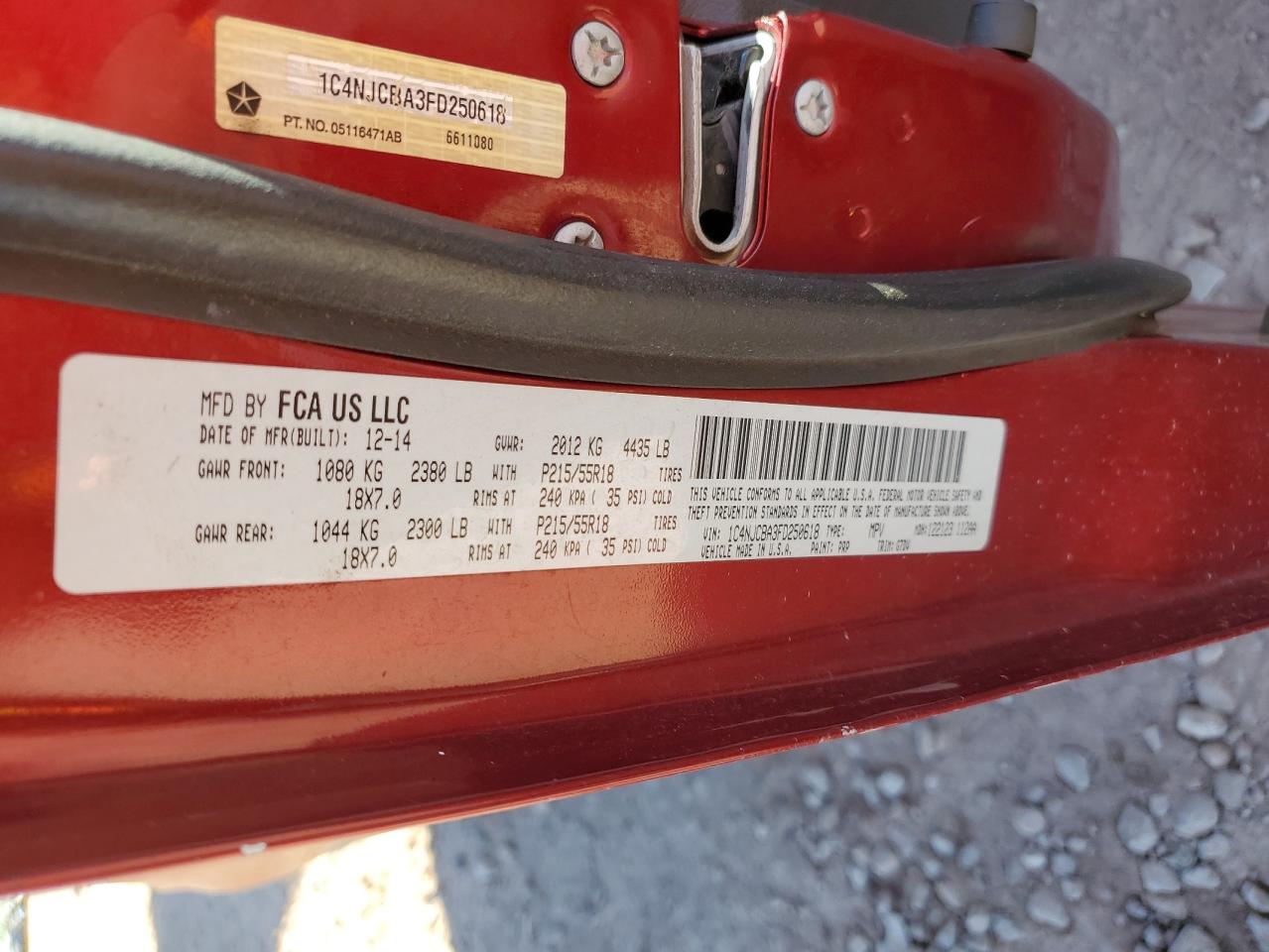 2015 Jeep Compass Sport VIN: 1C4NJCBA3FD250618 Lot: 85704285