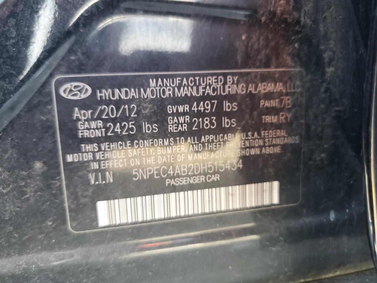 2013 Hyundai Sonata Se VIN: 5NPEC4AB2DH515434 Lot: 85193935