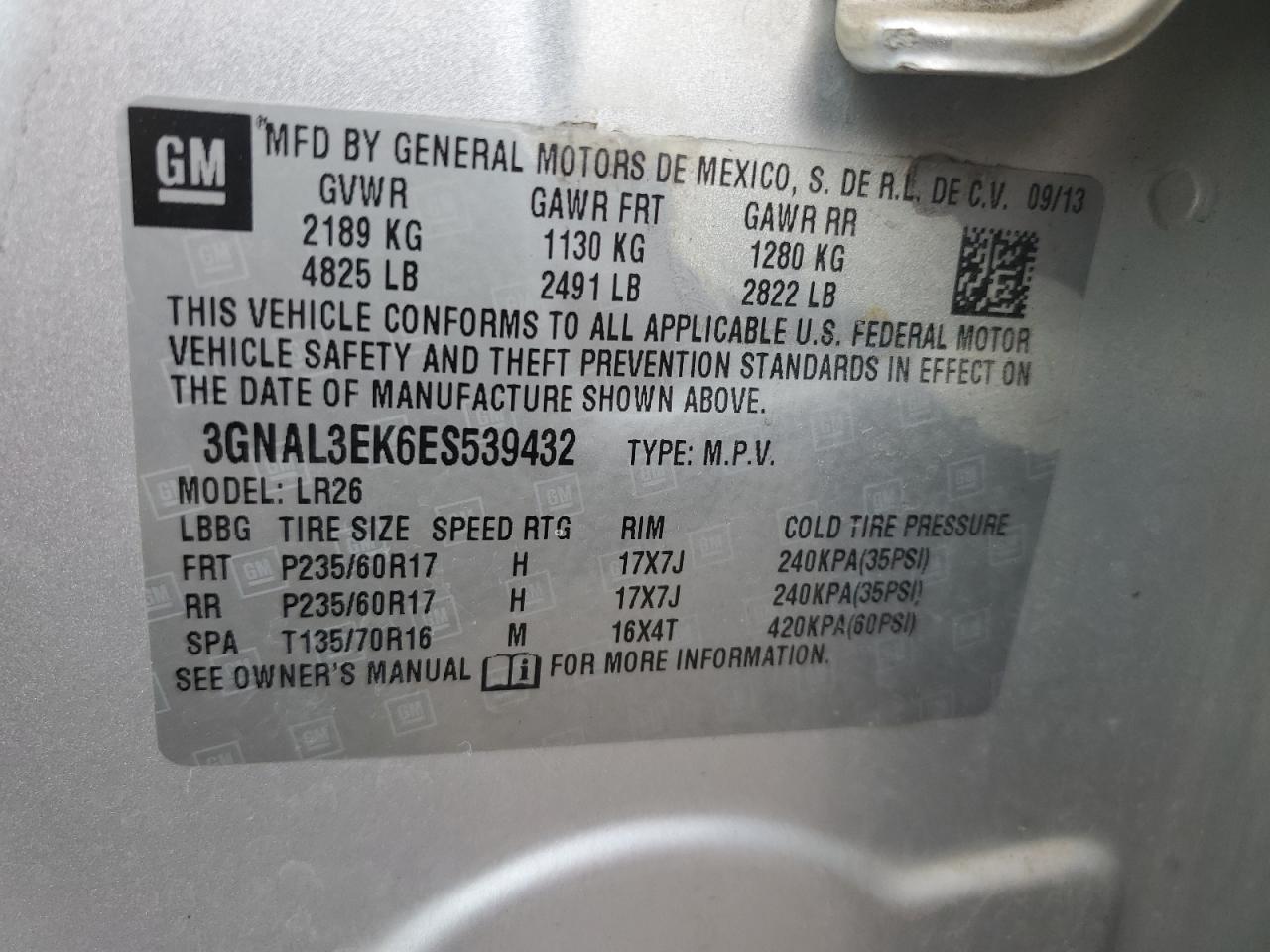 2014 Chevrolet Captiva Lt VIN: 3GNAL3EK6ES539432 Lot: 82649705