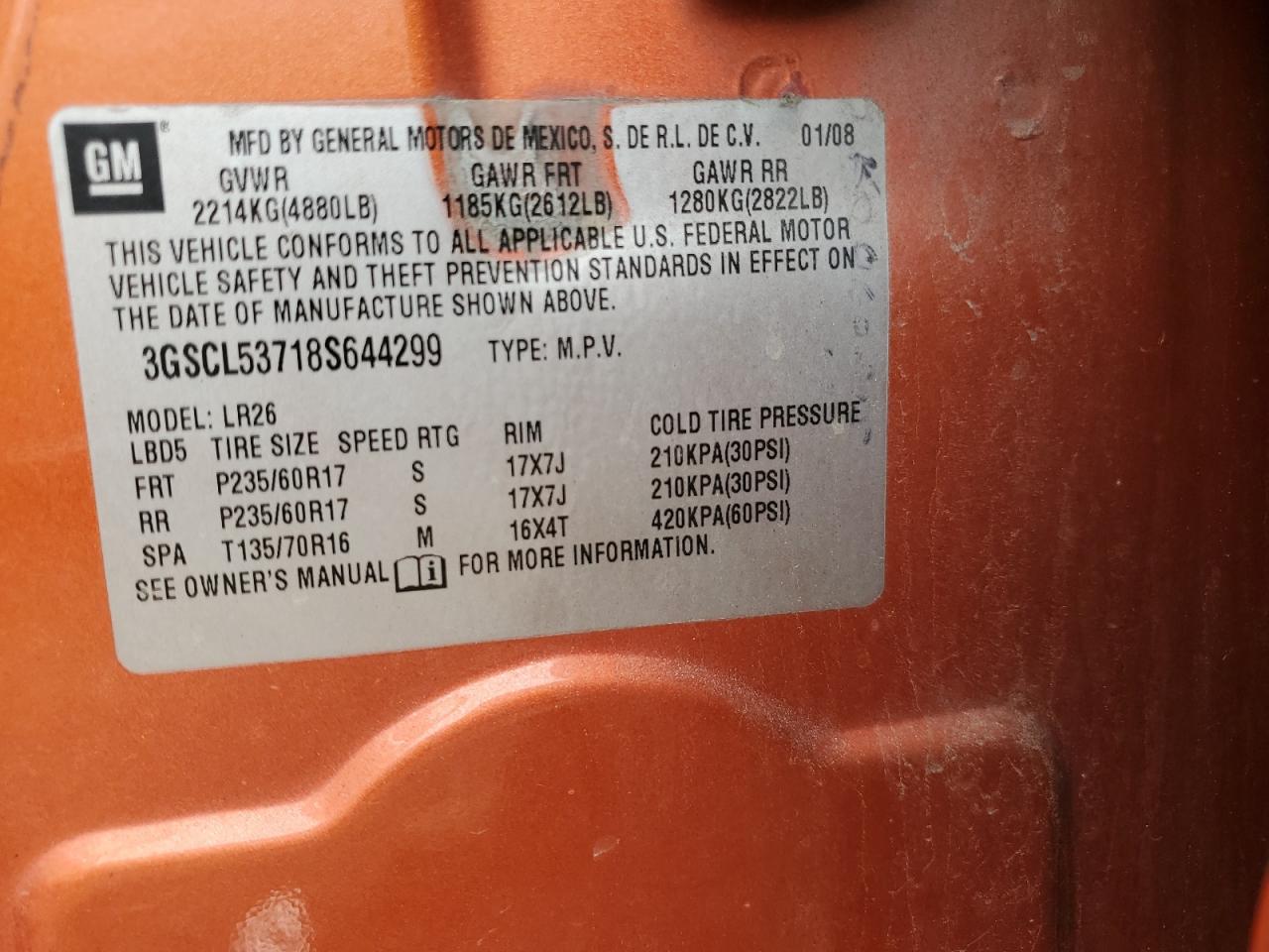 2008 Saturn Vue Xr VIN: 3GSCL53718S644299 Lot: 81580665