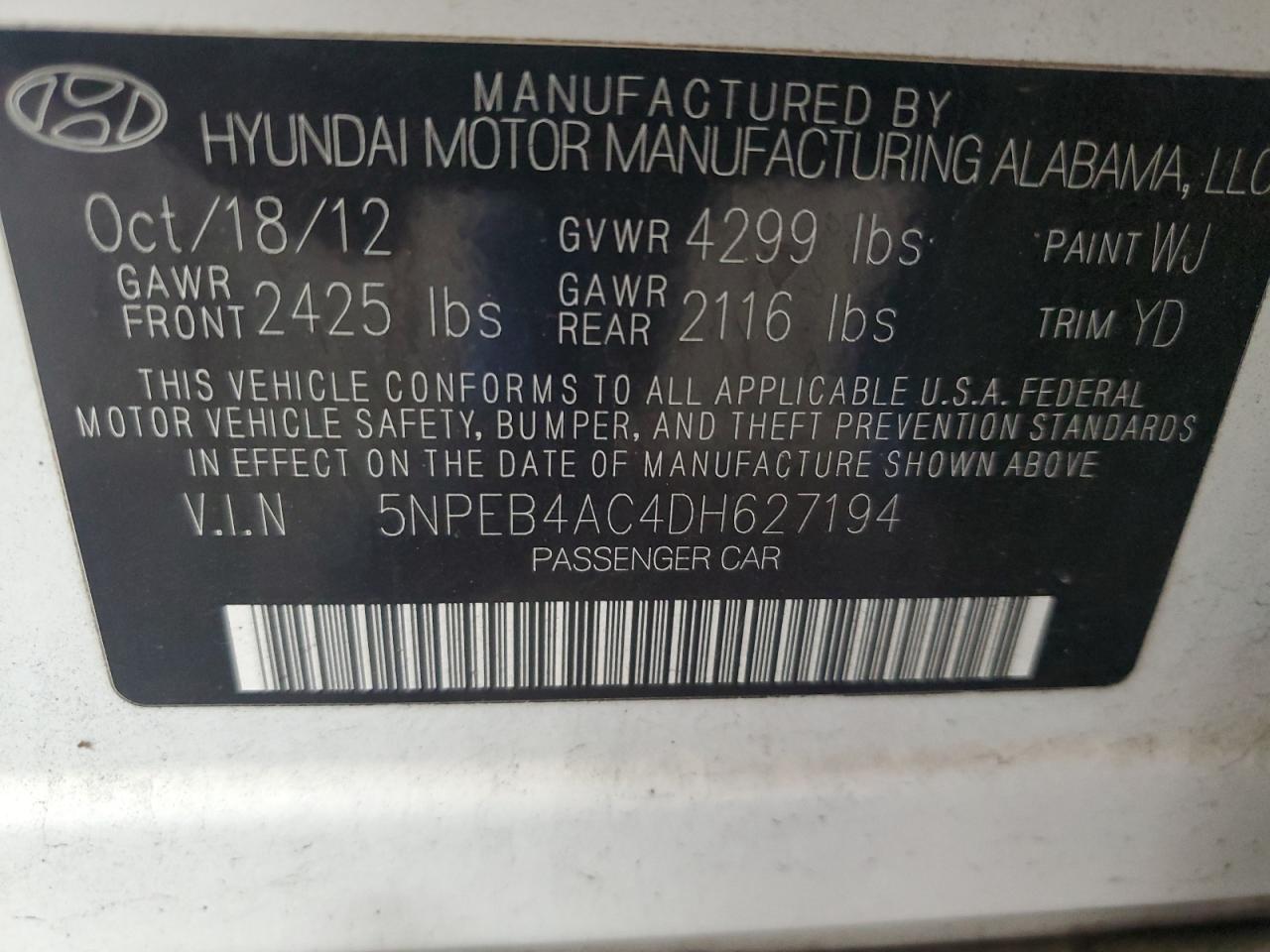 2013 Hyundai Sonata Gls VIN: 5NPEB4AC4DH627194 Lot: 82359535