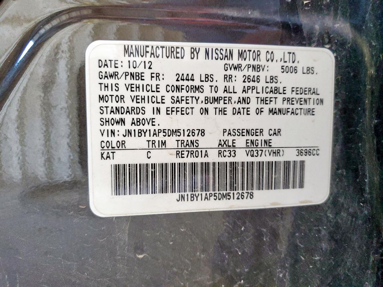 2013 Infiniti M37 VIN: JN1BY1AP5DM512678 Lot: 85364285