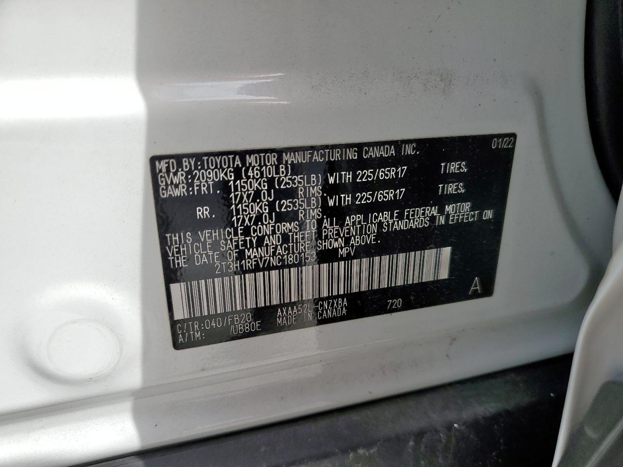 2022 Toyota Rav4 Le VIN: 2T3H1RFV7NC180153 Lot: 85284865