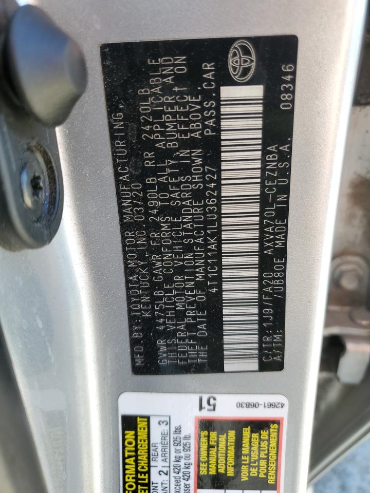 2020 Toyota Camry Le VIN: 4T1C11AK1LU362427 Lot: 85707095