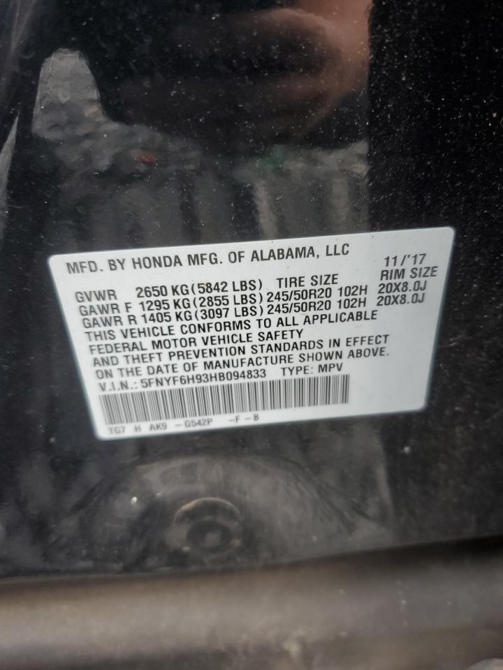 2017 Honda Pilot Touring VIN: 5FNYF6H93HB094833 Lot: 90906995